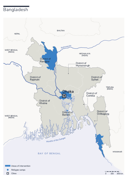 Map of Bangladesh with Humanty & Inclusion's presence in the country